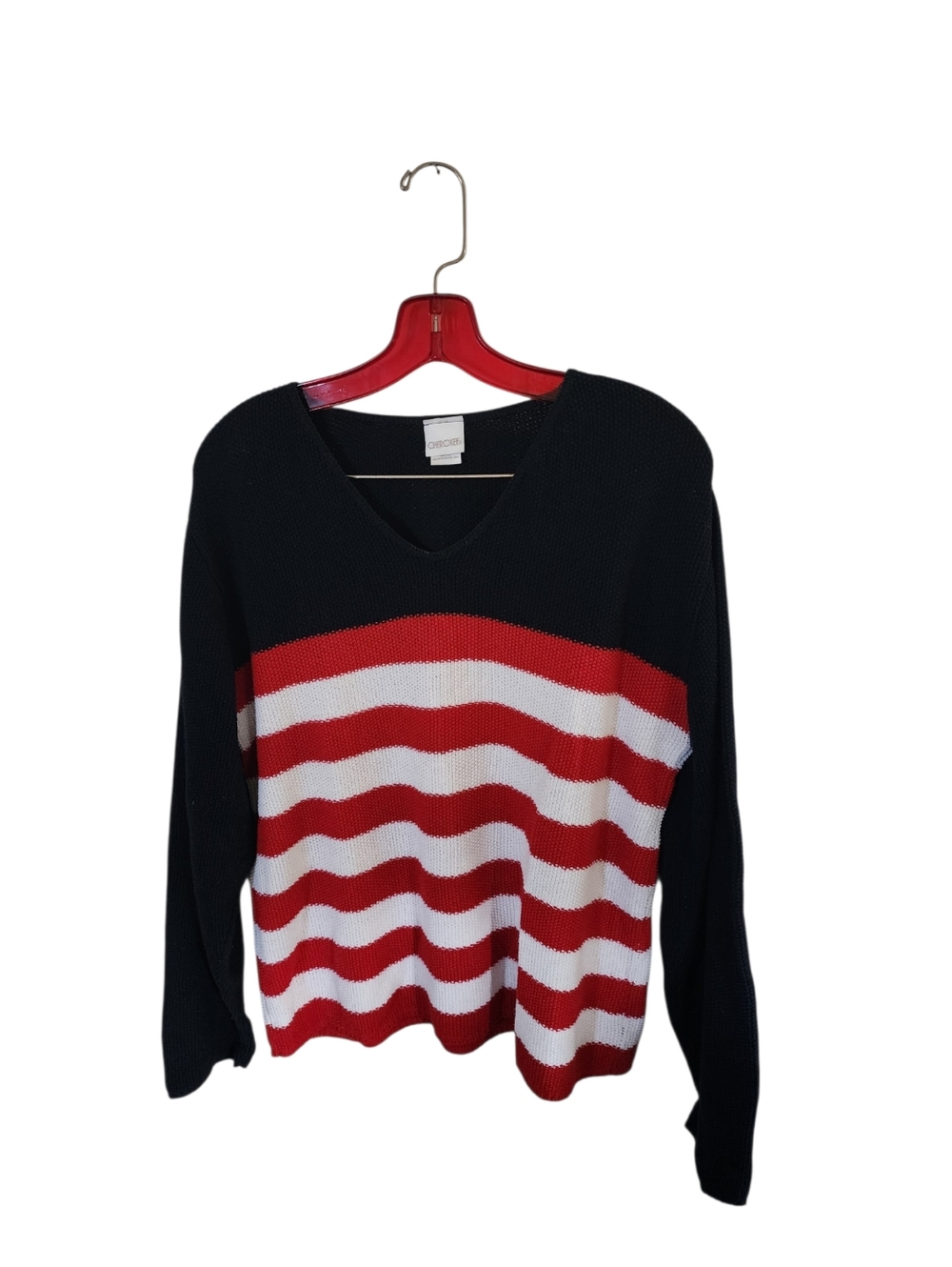 Cherokee Americana USA Blue W Red White Stripes Cotton Knit V-Neck Sweater Large